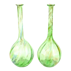 Tall Venetian Blown Glass Vases, Green Swirl, Gold Highlights, Vintage - A Pair