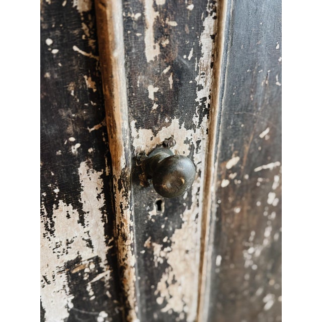 Wood Large Antique English Chippy Painted Black Pine Cupboard For Sale - Image 7 of 7