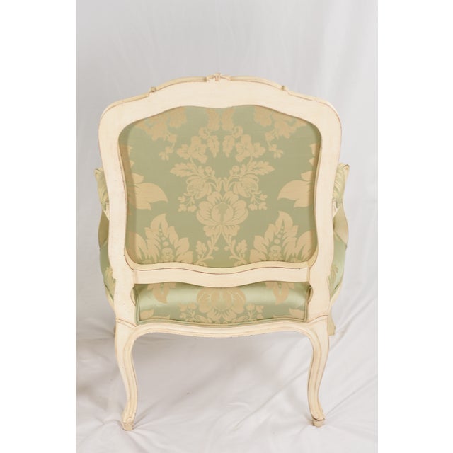 Scalamandré Silk Fauteuil Chairs, Louis XV Style, Painted Carved Frame, Restored Vintage Seating For Sale - Image 11 of 13