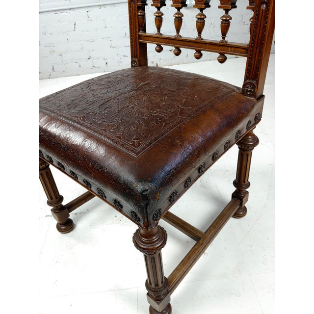 19th Century Spanish Revival Leather Embossed Dining Chairs Set of 4