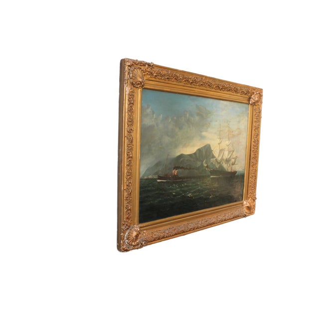 American Sailing Vessel Off Gibraltar, Early 20th Century, Oil Painting on Canvas, Framed For Sale - Image 5 of 11