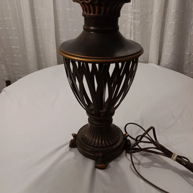 1974 Vintage Openwork Metal Table Lamp Bronze Color With Gold Accent For Sale - Image 4 of 12