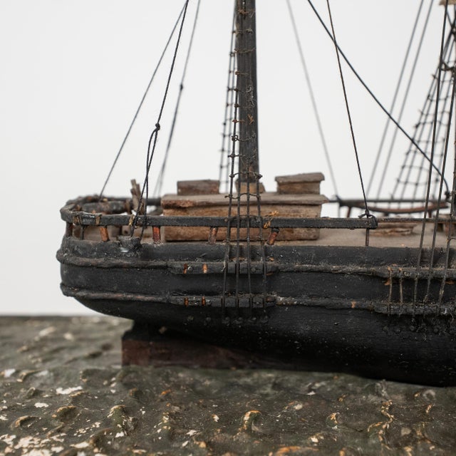 Mid 20th Century Antique Three-Masted Schooner Ship Model in Glass Case For Sale - Image 5 of 18
