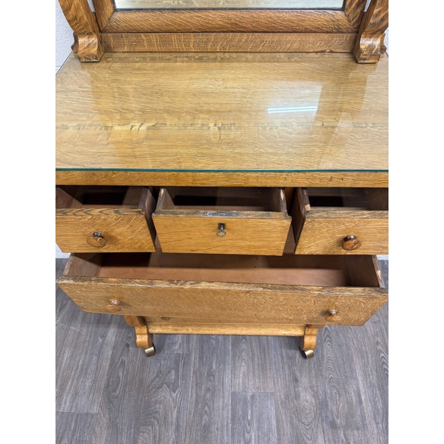 Wood Antique American Empire Revival Oak Highboy Dresser Chest of Drawers With Mirror For Sale - Image 7 of 18