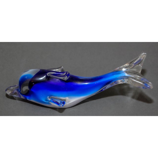 Crystal Blue Dolphin Murano Art Glass Paperweight. The dolphin or porpoise is handmade in clear and blue blown glass. Hand...