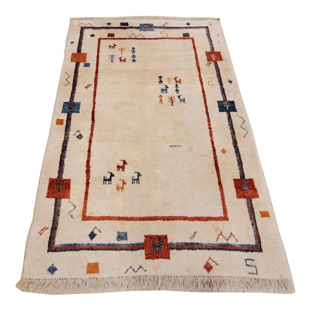 Vintage Persian Gabbeh Handmade Oriental Creamy Ivory Rug For Sale