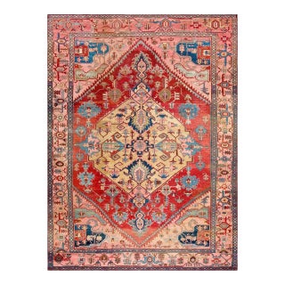 1880s Red Medallion Antique Persian Serapi Rug 10" X 13'4" Handknotted Wool Carpet For Sale
