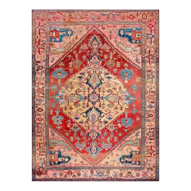 1880s Red Medallion Antique Persian Serapi Rug 10" X 13'4" Handknotted Wool Carpet For Sale