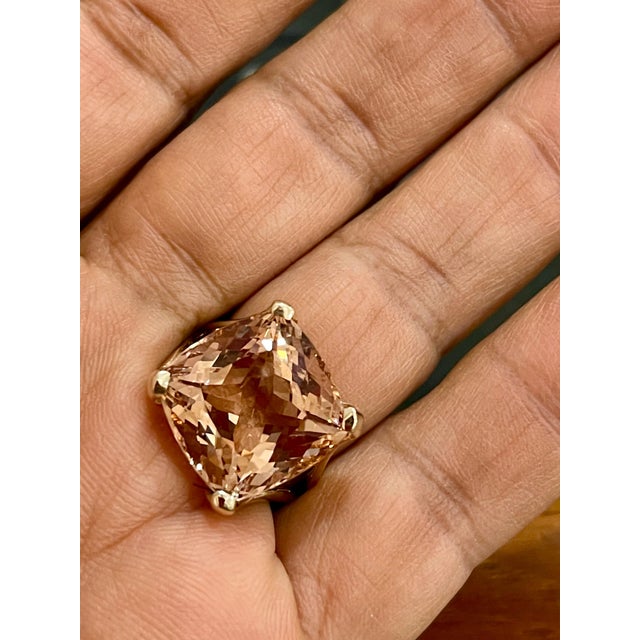 Traditional 16 Carat Cushion Shape Morganite Cocktail Ring 14 Karat Yellow Gold Estate For Sale - Image 3 of 18