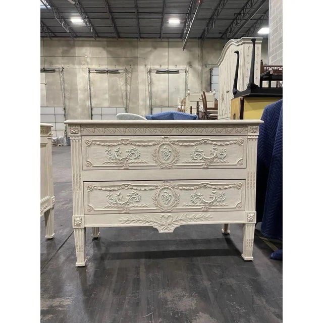 Offered is a vintage pair of antique white chests by Interior Crafts. This set features dovetailed smooth gliding drawers...