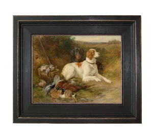Folk Art Oil Painting Reproduction on Canvas of Hunting Dogs in Distressed Black Solid Ash Frame