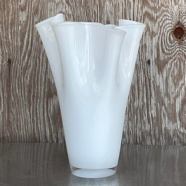 Boho Chic Vintage Pleated White Glass Vase For Sale - Image 3 of 6