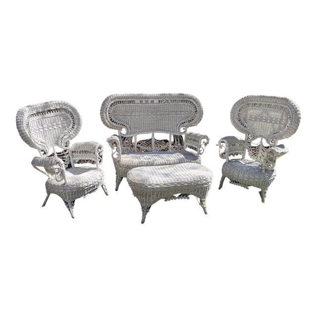 1899 Attributed to Heywood & Wakefield Wicker Loveseat, 2 Chairs and Cocktail Table Seating Group- 4 Pieces For Sale