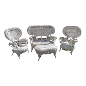 1899 Attributed to Heywood & Wakefield Wicker Loveseat, 2 Chairs and Cocktail Table Seating Group- 4 Pieces