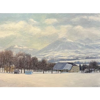 Claude Sauthier, Farm in Winter 2, Oil on Wood, 1970s For Sale