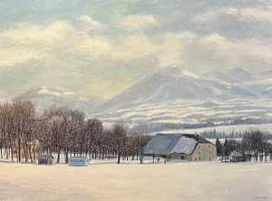 Claude Sauthier, Farm in Winter 2, Oil on Wood, 1970s