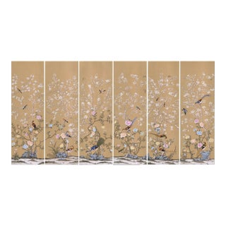 Peonies Garden Chinoiserie Handmade Wallpaper Mural - Set of 6 For Sale