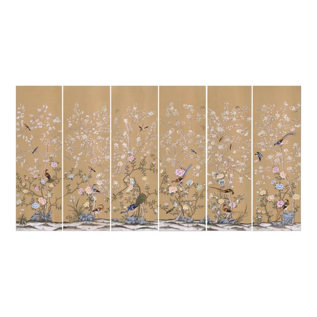 Peonies Garden Chinoiserie Handmade Wallpaper Mural - Set of 6 For Sale