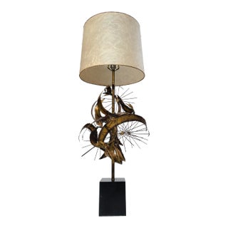 Mid 20th Century Brutalist Torch-Cut Brass Tone Sculpture "Setarrah" Table Lamp & Shade by Bijan of California for Laurel For Sale