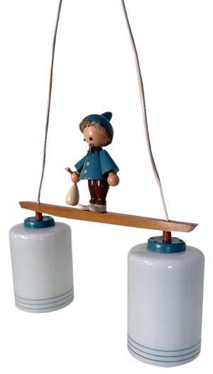 Handcrafted 2-Light Hanging Lamp with Folk Art Sandman Figurine from Erzgebirge, Germany, 1950s