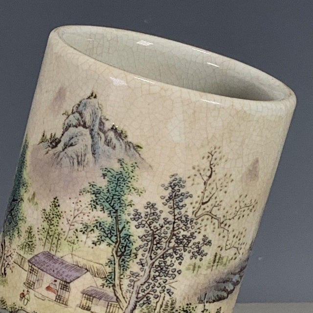 Late 20th Century Famille Rose Crackle Glaze Porcelain Brush Pot With Landscape Scene For Sale - Image 5 of 9