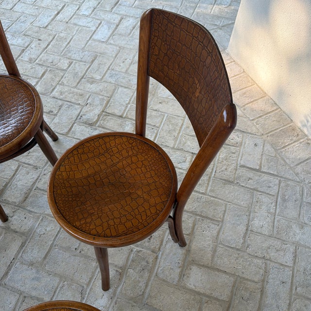 Art Deco Set of 4 Antique Mundus/Attributed to Thonet Bentwood Bistro Chairs With Crocodile Pattern For Sale - Image 3 of 12