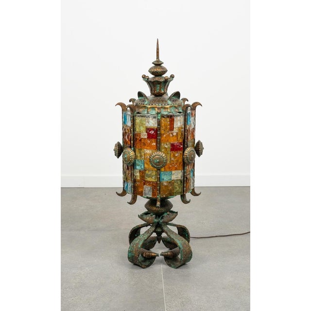 Floor Lamp Lantern in Wrought Iron and Hammered Glass by Longobard, 1970s For Sale - Image 4 of 17