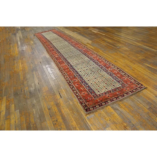 1870s Ivory Geometric Tribal Nw Persian Runner Carpet 3' X 14'6" Handmade Wool Runner Rug For Sale - Image 4 of 12