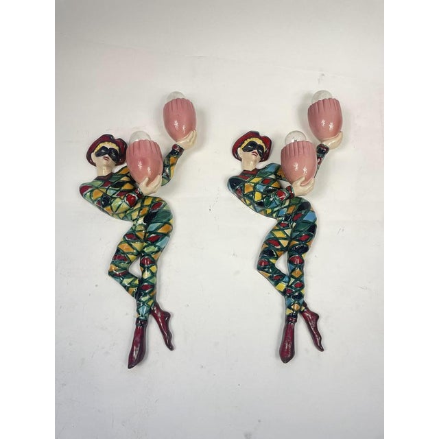 Vintage Arlecchino Wall Lights in Venetian Ceramic, 1950s, Set of 2 For Sale - Image 4 of 18