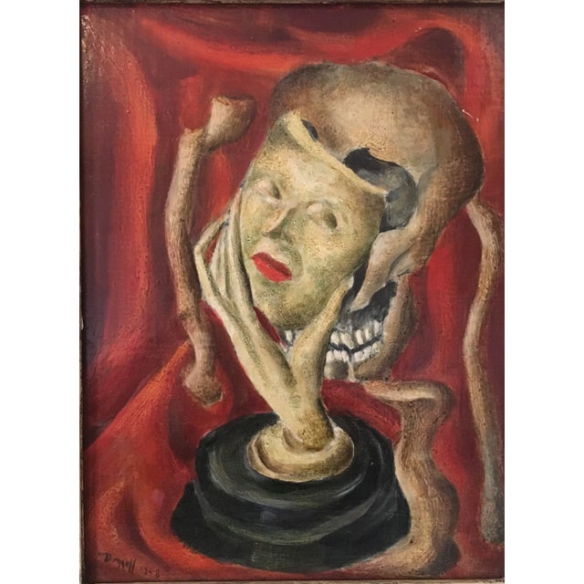 A 1948 Charles Ragland Bunnell original oil on board painting of a danse macabre surrealist vignette with a disjointed...