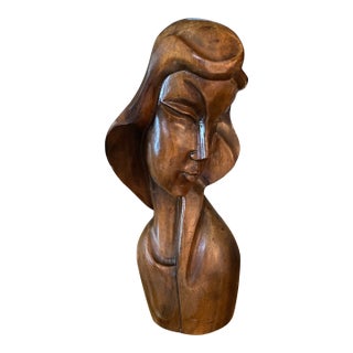 1950s Vintage Art Deco Style Carved Wood Bust of a Lady For Sale