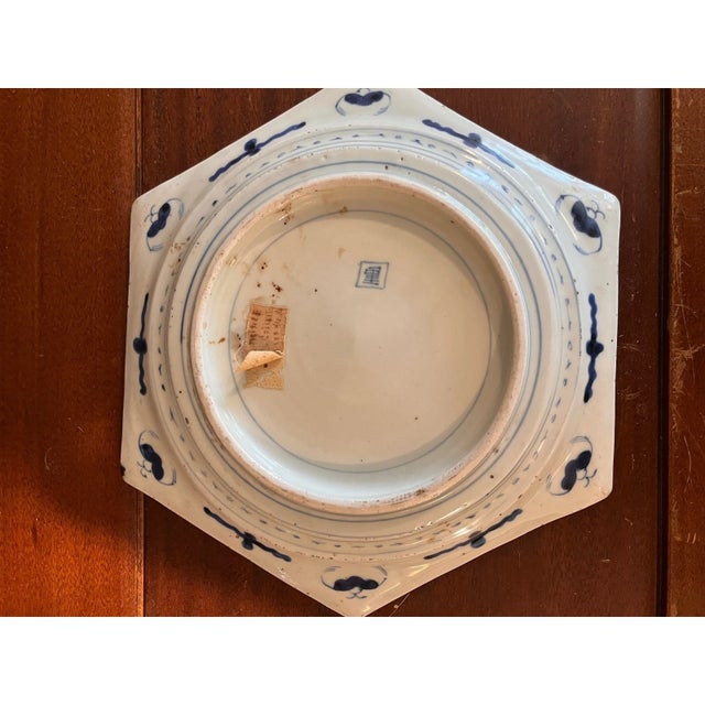 Chinese Antique Chinese Blue & White Hexagonal Porcelain Dish Plate Swastika Fret For Sale - Image 3 of 6
