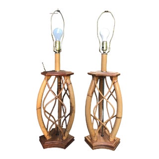 Pair of Mid-Century Rattan Table Lamps For Sale