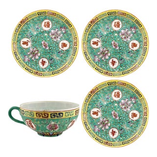 Early 20th Century Chinese Export Famille Rose Teacup & Three Saucer Plates, Longevity Motif - 4pcs For Sale