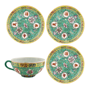 Early 20th Century Chinese Export Famille Rose Teacup & Three Saucer Plates, Longevity Motif - 4pcs