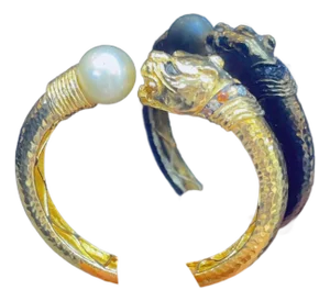 Bochic “Orient” Vintage Pearl & Sapphire Dragon Bangle Set In 18K Gold & Silver