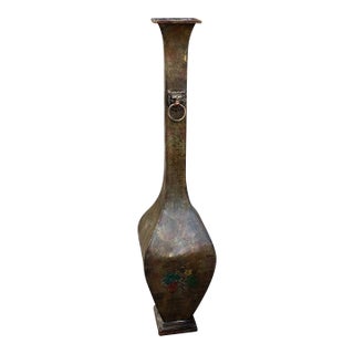 Vintage Tall Slender Floor Vase W/ Lions Head Rings and Painted Grape Clusters Motif For Sale