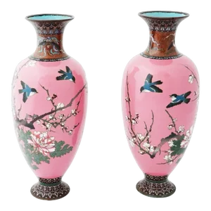 Large Pink Pair of Antique Meiji Japanese Cloisonne Enamel Vases
