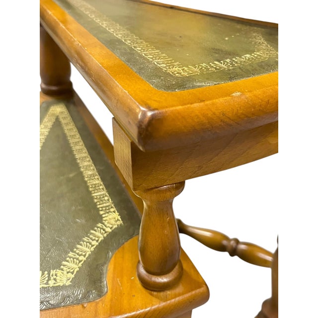 Wood Vintage English Wood Library Spiral Step Ladder With Green Tooled Leather Tread Insets For Sale - Image 7 of 18