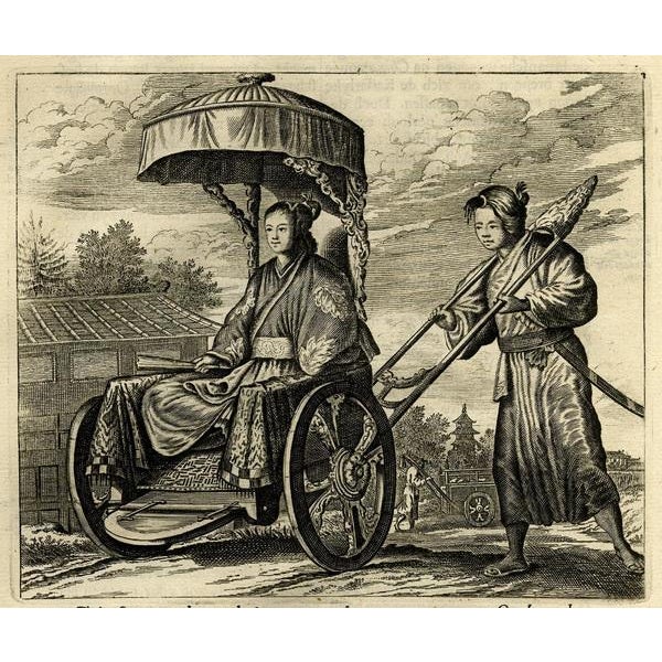 Untitled antique print of a Japanese noblewoman transported in a pushed rickshaw or jinrikisha. This print originates from...
