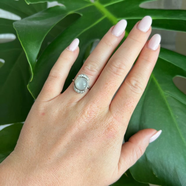 Contemporary Art Deco Gold Moonstone Diamond Ring, Size 7 For Sale - Image 3 of 5