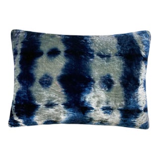 Rousseau Hand Dyed Silk Velvet Pillow, Silver Gray & Indigo Blue Morse Abstract Pattern For Sale