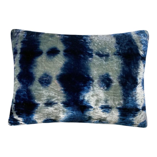 Rousseau Hand Dyed Silk Velvet Pillow, Silver Gray & Indigo Blue Morse Abstract Pattern For Sale
