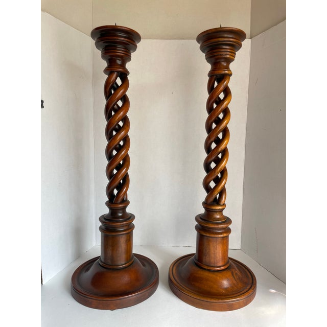 English Pair of Theodore Alexander Barley Twist Extra Tall Wood Candlestick Holders For Sale - Image 3 of 9