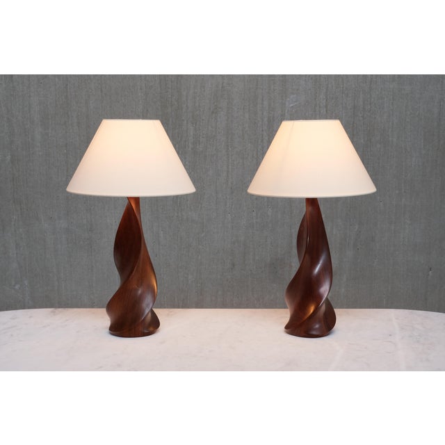 Brown Sculptural Table Lamps in Mahogany by Claude Chauvy, France, 1950s, Set of 2 For Sale - Image 8 of 17