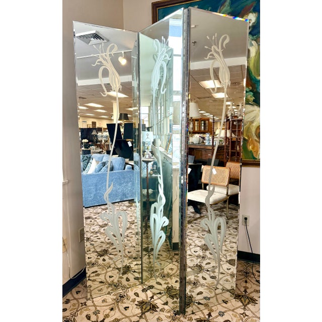 Art Nouveau Etched Three Panel Mirrored Screen Room Divider For Sale - Image 9 of 10
