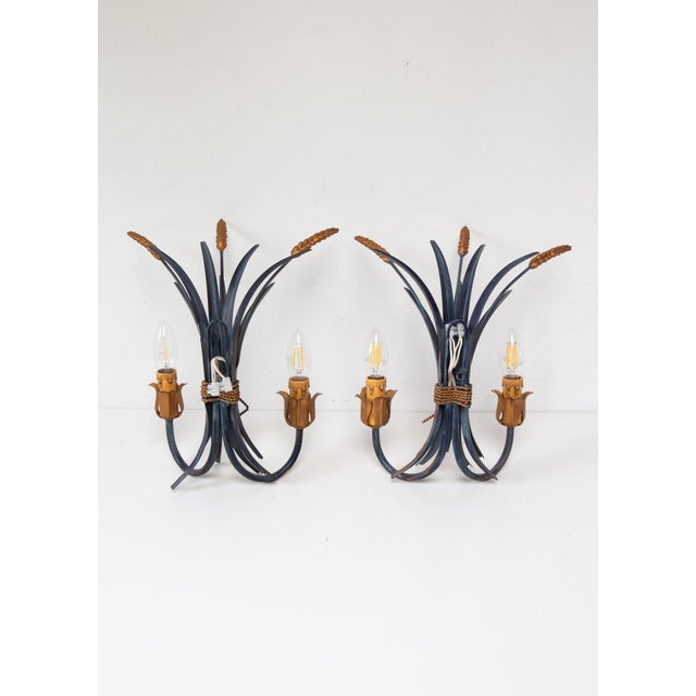 1980s Italian Blue Metal Wall Sconces with Leaves and Ears of Wheat, 1980s, Set of 2 For Sale - Image 5 of 7