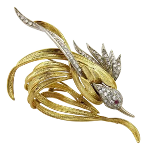 Garavelli Aldo 18k Two Tone Gold Diamond & Ruby Bird Pin Brooch Pendant