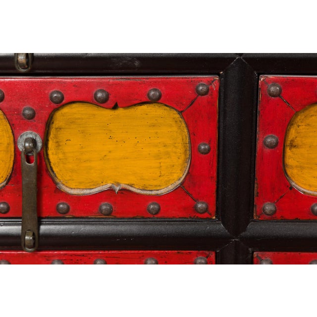 Chinese Qing Dynasty 19th Century Long Polychrome Sideboard with 12 Drawers For Sale - Image 11 of 13