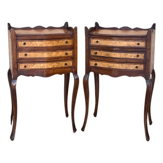French Nightstands in Walnut with Three Drawers, 1940s, Set of 2 For Sale